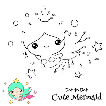 Connect The Dots and Draw Cute Mermaid. Dot to dot puzzle with cartoon little mermaid. Educational Game for Kids. Drawing for Preschool children.Vector Illustration EPS8