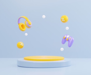 Podium with technology. A game controller and headphones. In yellow and purple tones and a pastel blue background. 3D rendering illustration © Kari_designer