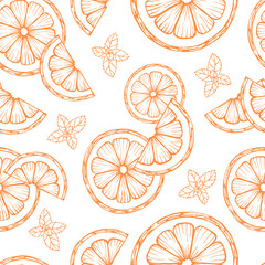 hand drawn seamless pattern contour of orange slices and mint leaves