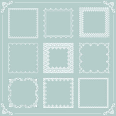 Classic set of square frames with arabesques and orient elements. Abstract light blue and white ornament with place for text. Vintage pattern
