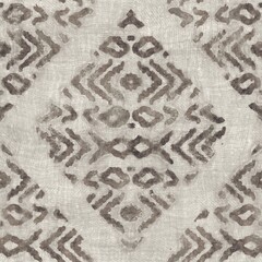 Seamless tan brown grungy tribal neutral rug motif surface pattern design for print. High quality illustration. Distressed bohemian ethnic repeat swatch. Hand drawn diamond damask textile design.