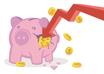 Broken piggy bank by a red arrow. Concept of economic collapse.