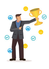 Businessman holding trophy with social media icons.