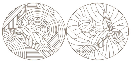 Set of contour illustrations stained glass birds, dark contours on a white background, oval images