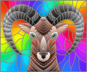 Illustration in the style of stained glass with abstract  ram head on a rainbow background rectangular image