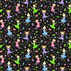 Seamless pattern on the theme of ballet and dance, cute girls dancers on a dark background