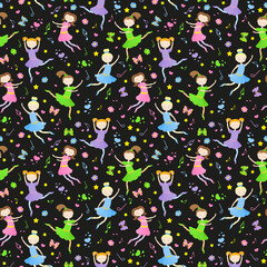 Seamless pattern on the theme of ballet and dance, cute girls dancers on a dark background © Zagory