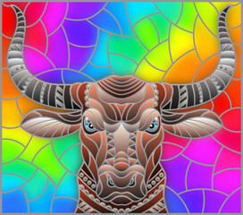Illustration in the style of stained glass with abstract bull head on a rainbow  background rectangular image