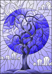 Illustration in stained glass style with an abstract round  tree on a background of cloudy sky and sun, tone blue