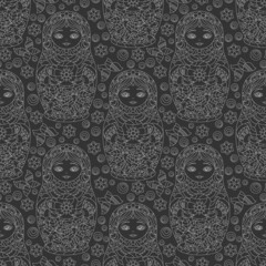 Seamless pattern with light contour  Russian dolls and butterflies, toys on a dark background