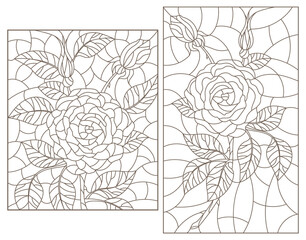 Set of contour illustrations in stained glass style with abstract rose flowers, dark outlines on a white background
