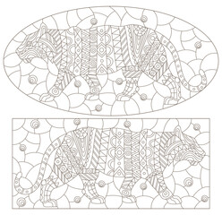 A set of contour illustrations in the style of stained glass with abstract tigers, dark contours on a white background
