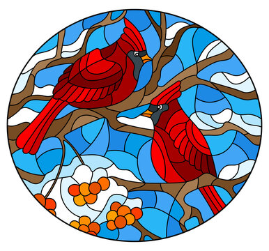 recommend clip art: An illustration in the style of a stained glass window with bright cardinal birds on snow-covered tree branches, oval image