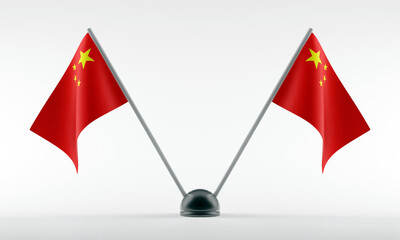 Table stand with two national flags of China. Isolated on a white background. 3d render