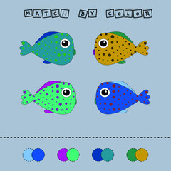 Fototapeta premium worksheet vector design, challenge to connect the fishes with its color. Logic game for children.