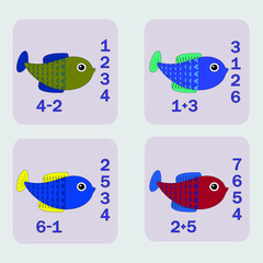 Fototapeta premium counting game with funny fishes. Preschool worksheet, kids activity sheet, printable worksheet