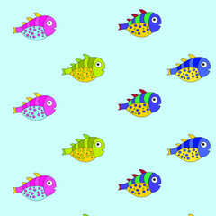 Pattern with painted colorful fishes. Can be used for wallpaper, textiles, packaging, cards, covers. Small cute animal on a blue  background.