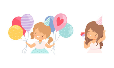 Happy Little Girl Wearing Cone Birthday Hat Holding Balloons and Waving Hand Cheering About Holiday Vector Set