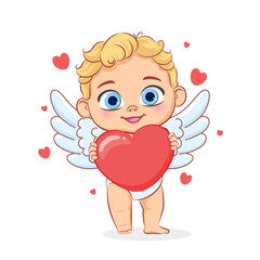 Cute baby cupid with a heart in his hands. Vector cartoon illustration.