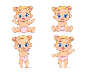 Naklejka premium Cute baby in a diaper. Girl. A set of vector cartoon illustrations .