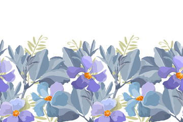 Vector floral seamless pattern, border. Horizontal panoramic design with blue and violet flowers.