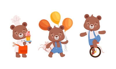 Cute Teddy Bear Character in Chef Uniform Holding Cupcake, Carrying Balloons and on Monocycle Vector Set