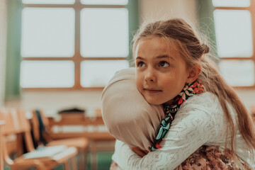 Muslim hijab the teacher hugs the little girl at school. Selective focus