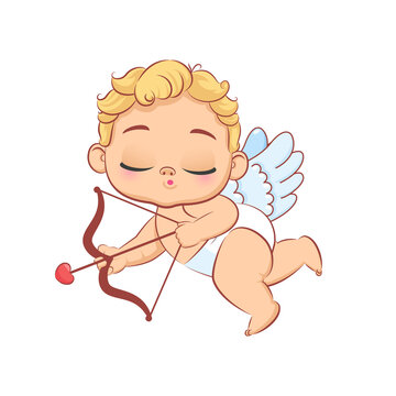 Cute baby cupid with a bow is flying. Vector cartoon illustration.