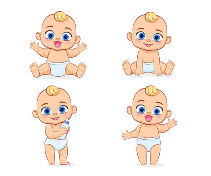 Cute baby in a diaper. Boy. A set of vector cartoon illustrations .