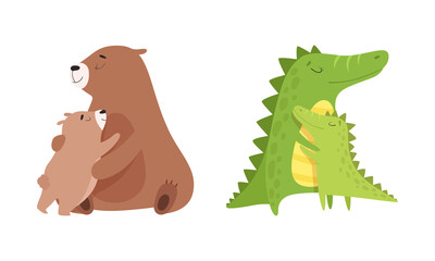 Mom Animal Cuddling with Its Little Cub as Parent Love and Care Vector Set
