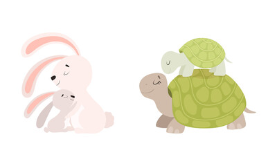 Mom Animal Cuddling with Its Little Cub as Parent Love and Care Vector Set