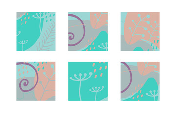 Vector set of square abstract backgrounds with colored spots, branches, points, curls and lines.  Illustration for mobile apps, social media icons templates, designs, posters and advertisements.
