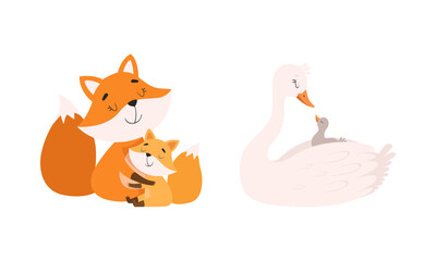 Mom Animal Cuddling with Its Little Cub as Parent Love and Care Vector Set