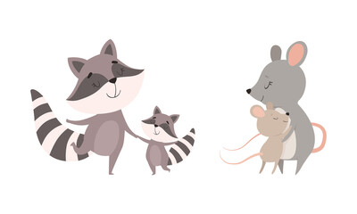 Mom Animal Cuddling with Its Little Cub as Parent Love and Care Vector Set