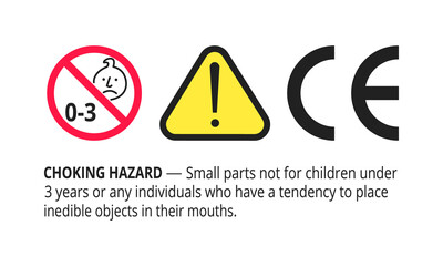 Choking hazard forbidden sign sticker not suitable for children under 3 years isolated on white background vector illustration. Warning triangle, sharp edges and small parts danger. - obrazy, fototapety, plakaty