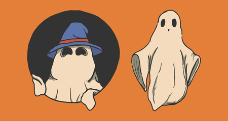 Illustration of two cute ghosts on halloween on orange background