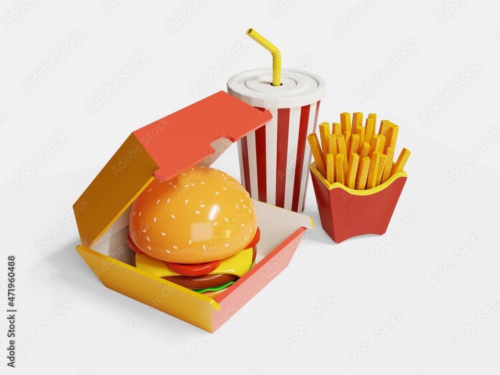 Wall mural fast food hamburger in a red and yellow cardboard box, french fries and soft drink isolated on white