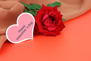 Happy valentine's day - Red rose and heart card on red background