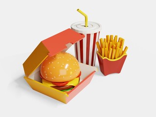 Fast Food Hamburger in a red and yellow cardboard box, French Fries and Soft Drink isolated on white background, 3D Illustration