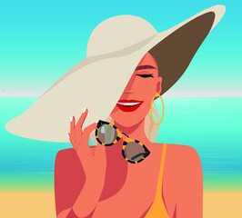 Digital illustration on vacation happy girl in a beautiful hat smiling on the background of the ocean