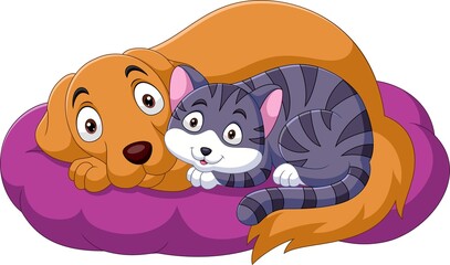 Cartoon cat and dog relaxing on pillow