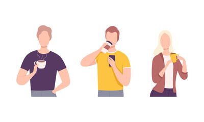 Young Man and Woman Character Holding Cup with Hot Coffee Drink Vector Set