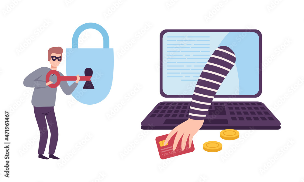 Poster hacker stealing personal data and money with phishing site vector set