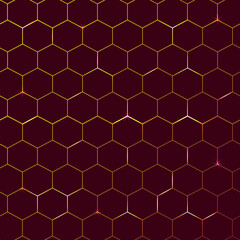 Modern technological background in the style of bee honeycombs. Bright orange and yellow glow from the hexagon. Ideal for web banners, blogs, posters, postcards, cover design