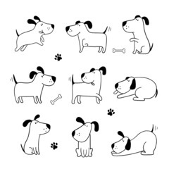Set of funny dogs. Black and white color.Doodle cartoon style. Hand draw cute dogs in sketch style. 