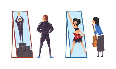 Man and Woman Standing in Front of Mirror Looking at Their Reflection and Imagine Themselves as Successful and Attractive Vector Set
