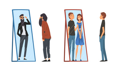Man Standing in Front of Mirror Looking at His Reflection and Imagine Himself as Successful and Attractive Vector Set