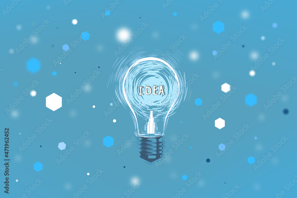 Poster abstract blue light bulb sketch on blurry bokeh background. idea, innovation and success concept. 3d