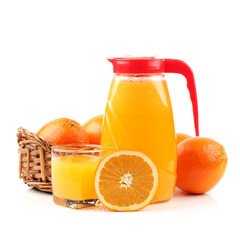 orange juice in glass and orange on white background
