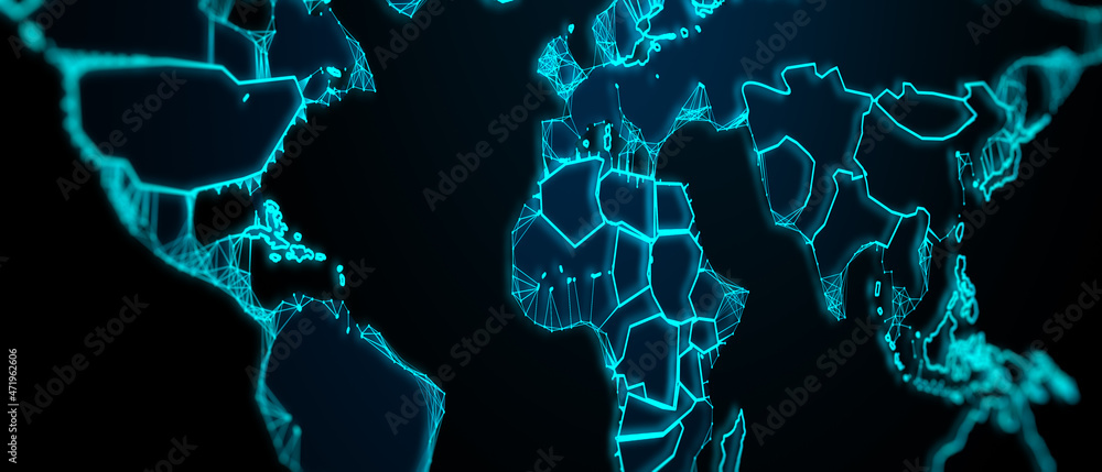 Poster abstract glowing map on dark blurry background. technology, communication and travel concept. 3d ren